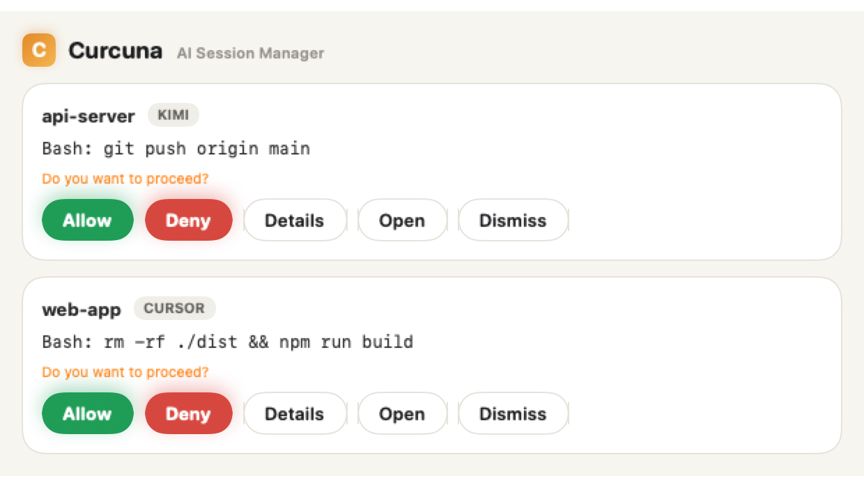 Curcuna's Manager window showing the Pending list — two waiting asks, one from Kimi Code and one from Cursor, each with Allow, Deny, Details, Open, and Dismiss buttons.