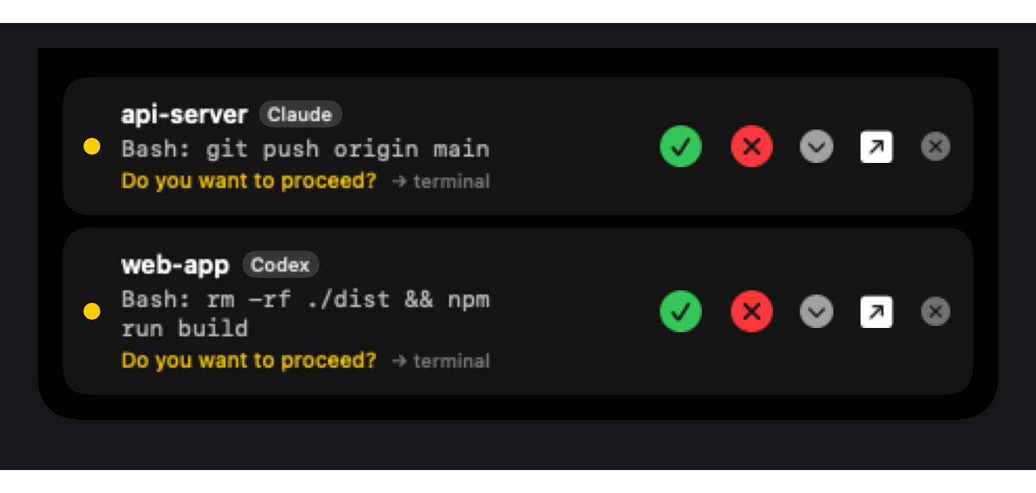 Curcuna's notch island on macOS showing two agents waiting — api-server (Claude) asking to run git push, and web-app (Codex) asking to run a build — each with Allow and Deny buttons.
